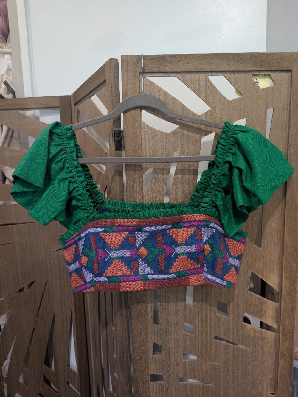 Farm Rio (L) Embroidered Cropped Smocked Square Neck Ruffle Short Sleeve Top